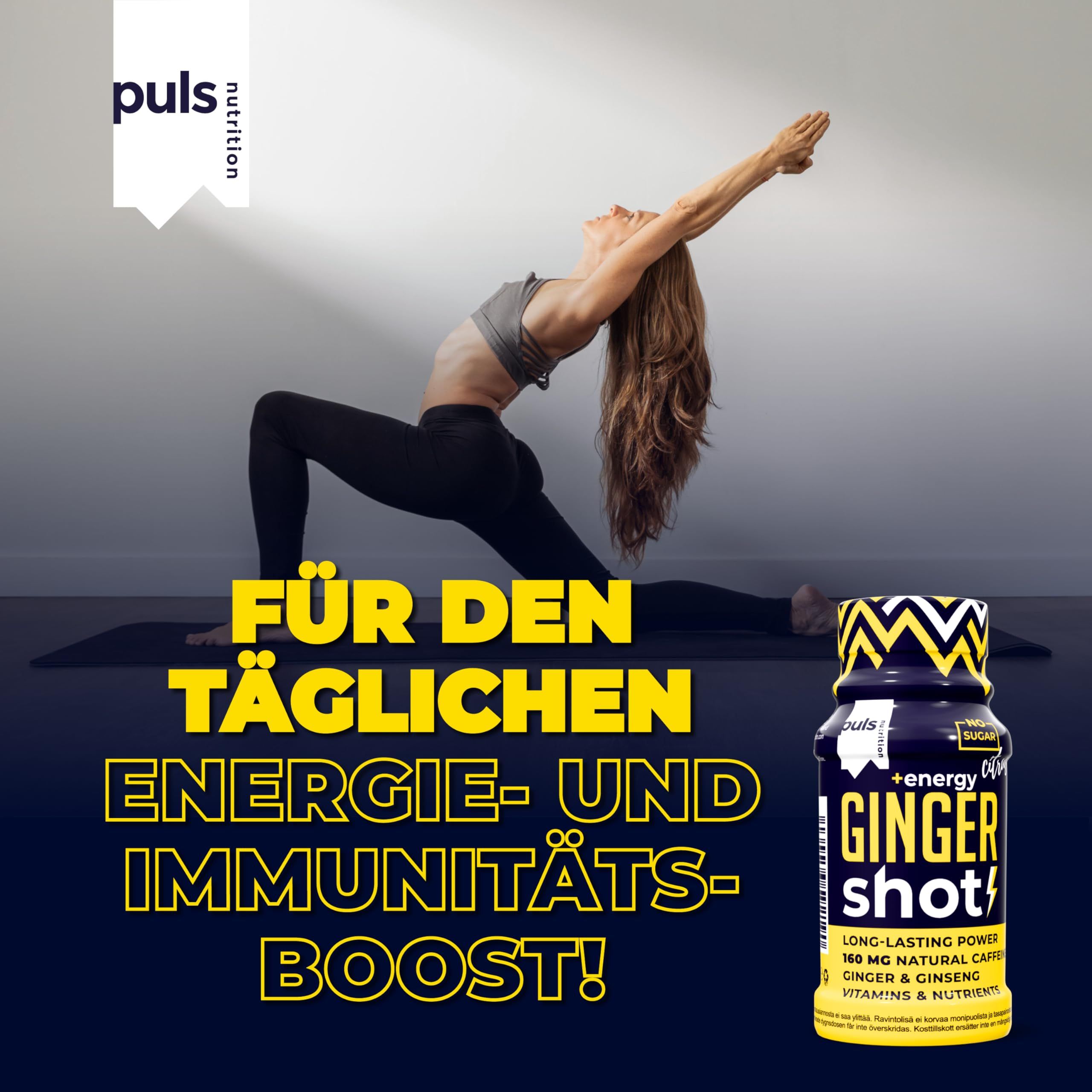 Frau in Yoga-Pose neben einem Ingwer-Energie-Shot.