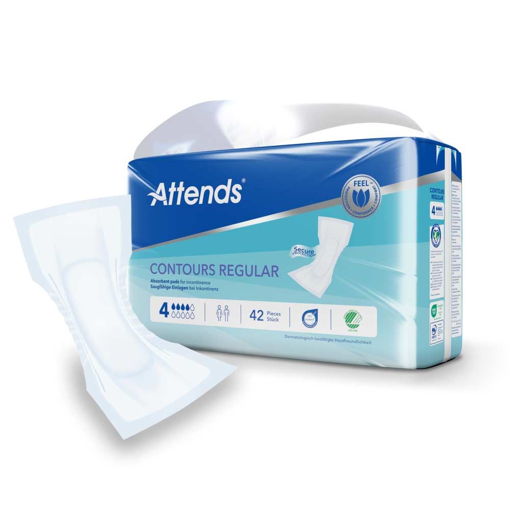 Attends Contours Regular 4, Packung und einzelne Einlage. Blaue Verpackung mit Logo und Produktabbildung. 42 Stück.