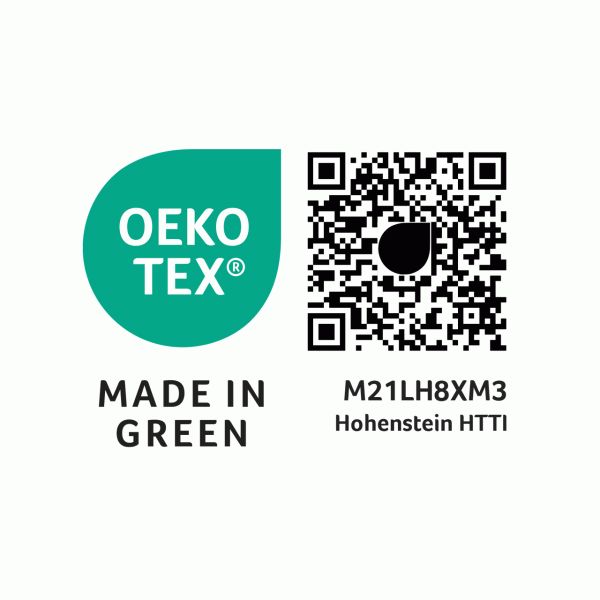 Logo Oeko-Tex Made in Green mit QR-Code und Text. Grüner Hintergrund.
