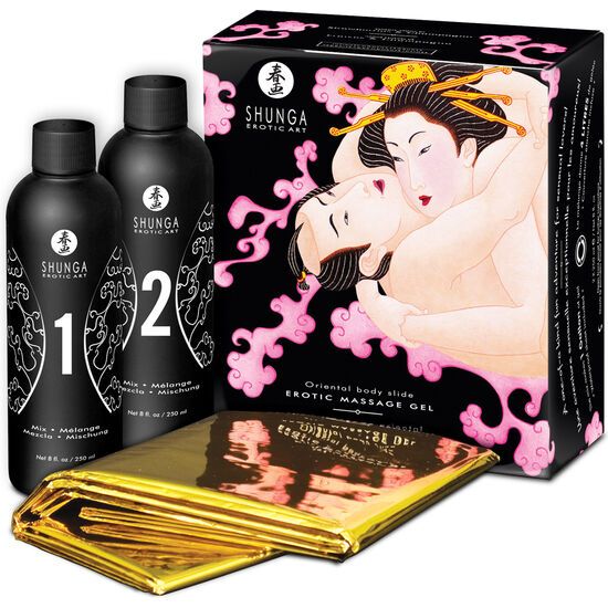 Produktverpackung mit zwei Flaschen und goldener Folie. Auf der Verpackung: Shunga Exotic Art, Oriental body slide, Erotic massage gel.