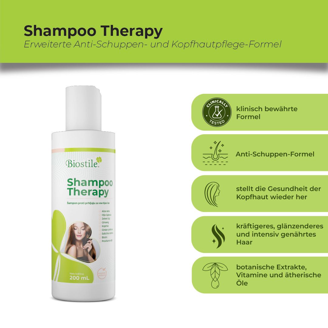 Weißes Shampoo-Therapie-Fläschchen mit grünen Elementen. Aufschrift: Biostile Shampoo Therapy. 200 ml. Zusätzliche Informationen.