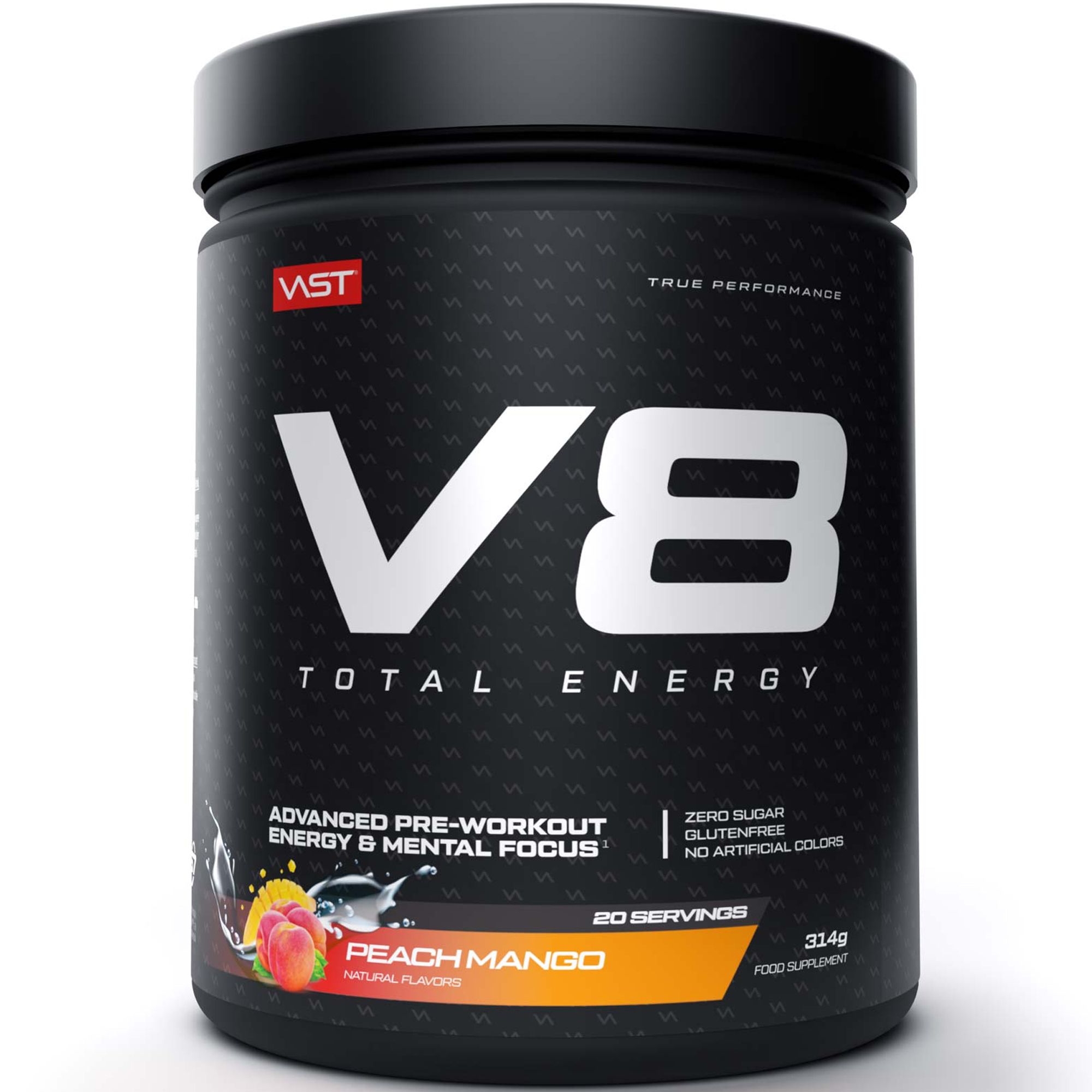Schwarze Dose mit weißem "V8"-Logo und Text. "VAST"-Logo oben. "Peach Mango" und "20 Servings" sind sichtbar.