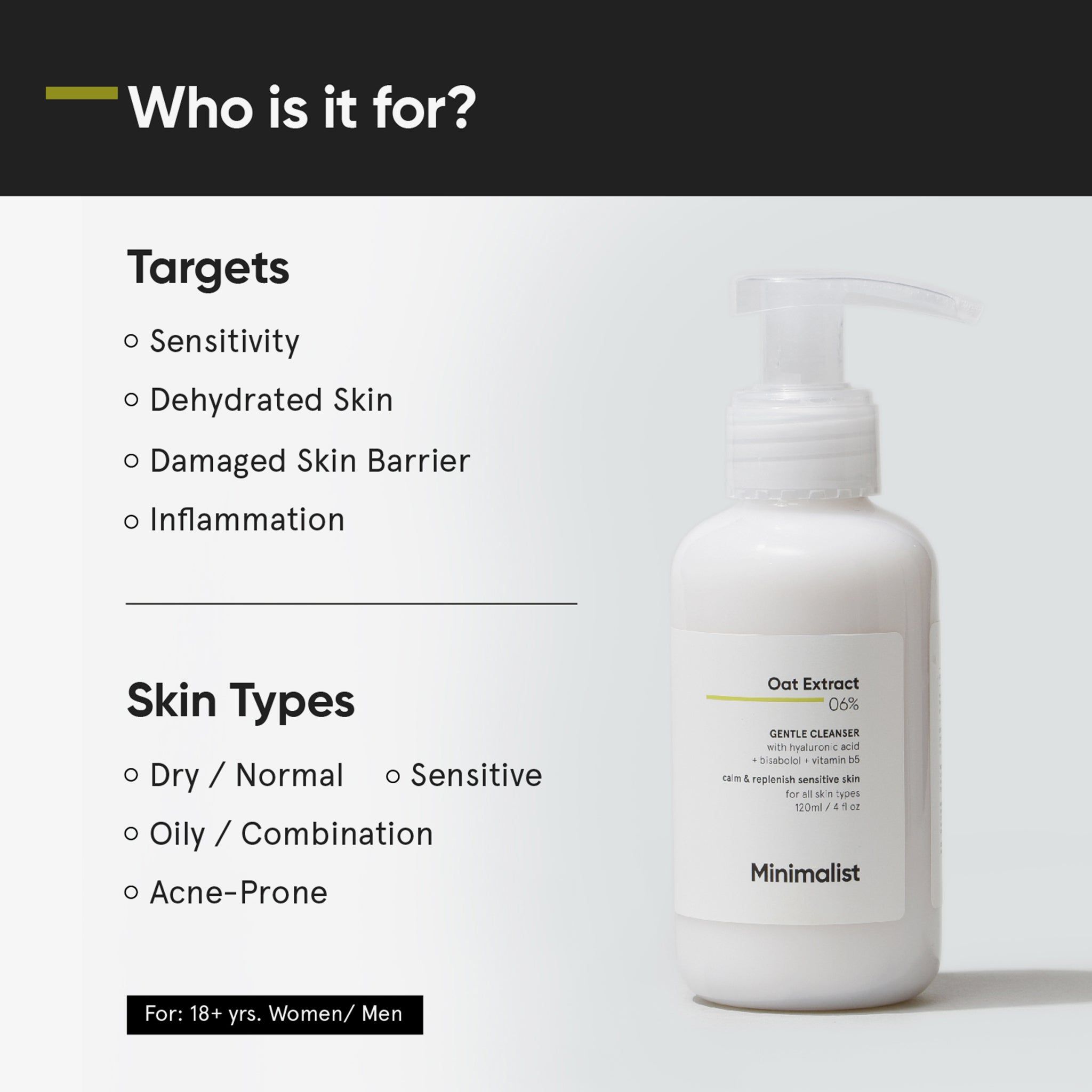 Grafik mit Text. Titel: Who is it for? Aufzählung von Hauttypen und Zielen. Produktflasche rechts.