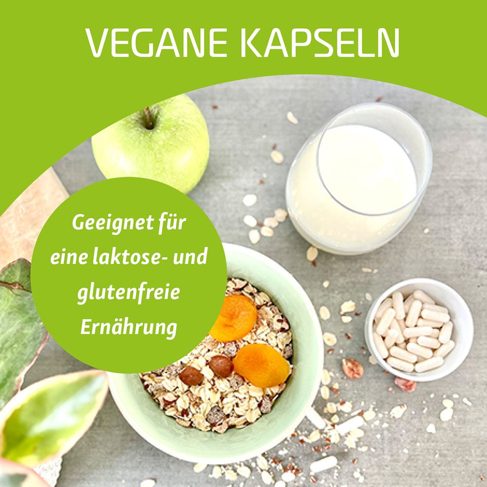 Schüssel mit Müsli, Aprikosen, Tabletten, Glas Milch. Text: Vegane Kapseln. Geeignet für eine laktose- und glutenfreie Ernährung.