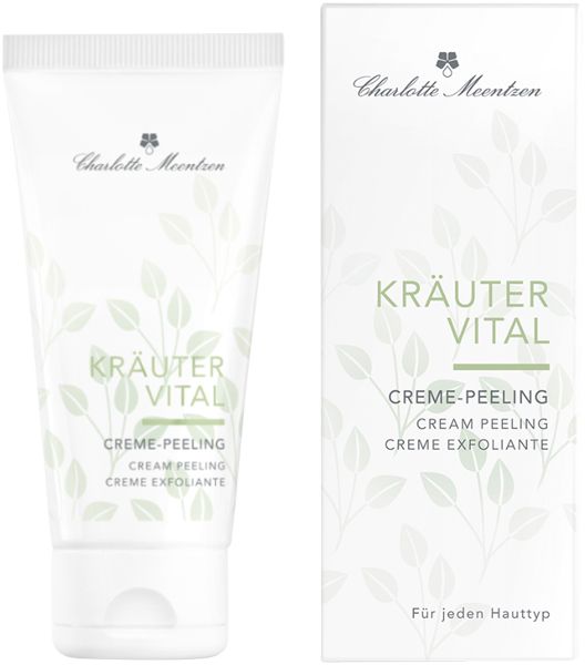 Creme-Peeling-Tube und Schachtel. Aufschrift: Kräuter Vital, Creme-Peeling, Charlotte Meentzen. Weiße Verpackung mit grünen Blättern.