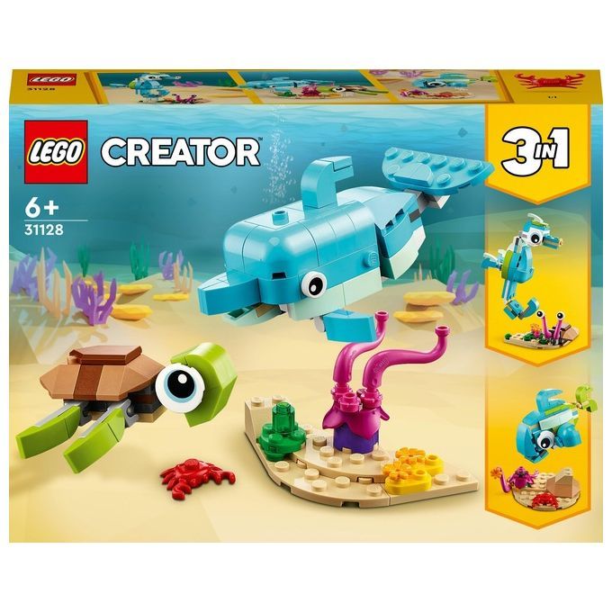 LEGO Creator Delfino e Tartaruga. La confezione mostra un modello di delfino blu, una tartaruga verde e un modello di cavalluccio marino. Il set è adatto a bambini dai 6 anni in su e offre 3 diverse opzioni di costruzione. Il logo LEGO e il nome del prodotto sono ben visibili.