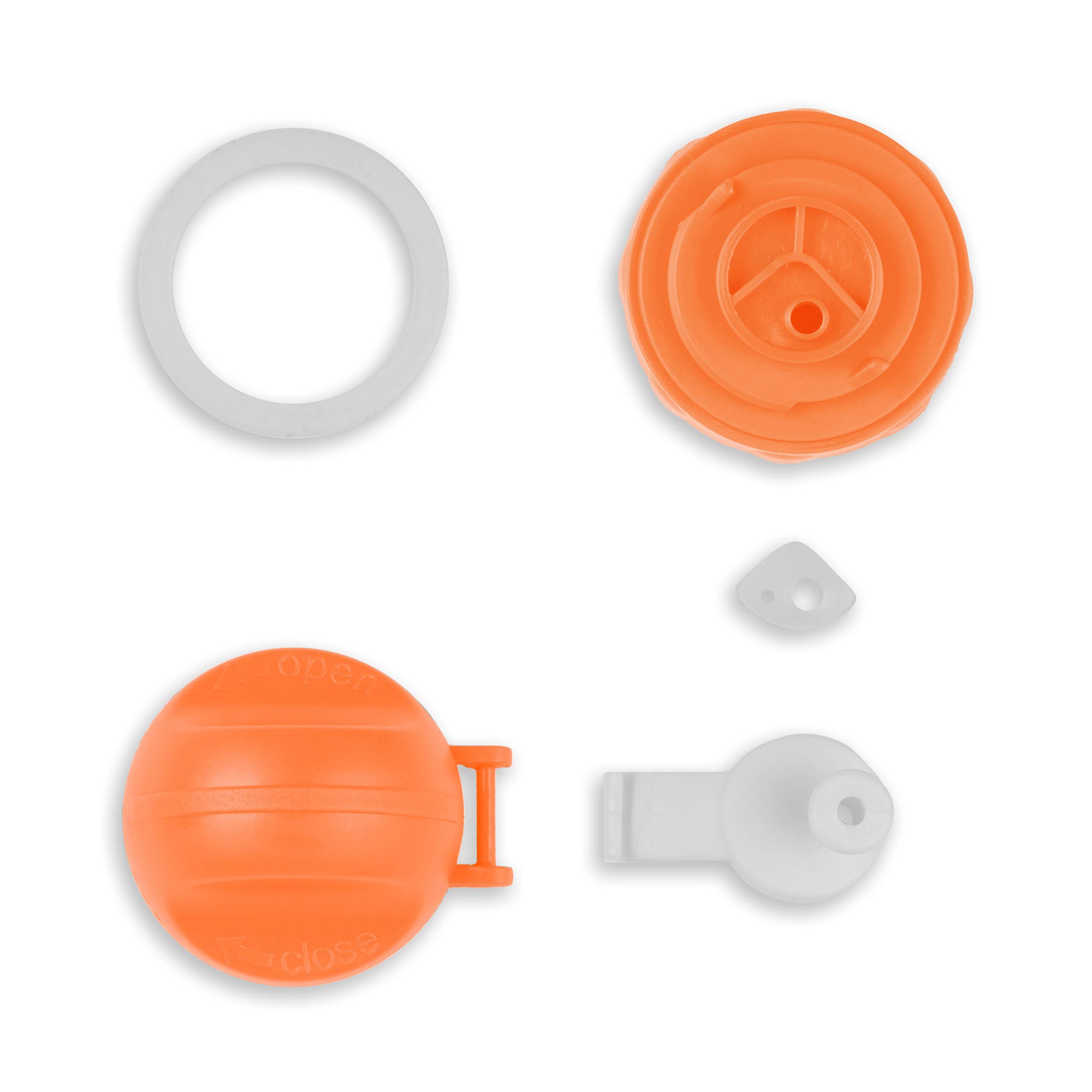 Zerlegte Trinkflaschen-Teile. Orangefarbene und weiße Komponenten. Dichtungsring, Deckel, Verschluss.