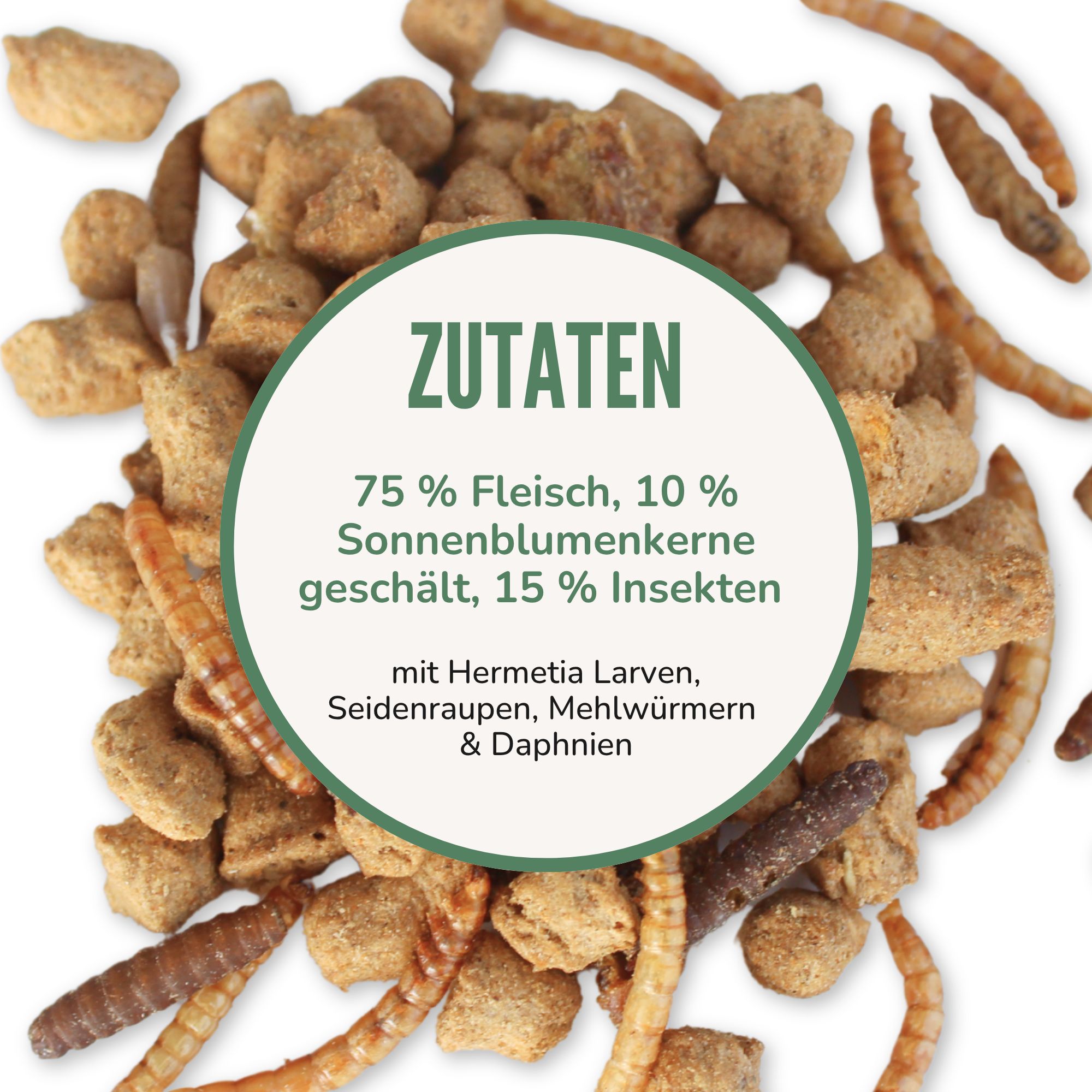 Text: Zutaten. 75% Fleisch, 10% Sonnenblumenkerne geschält, 15% Insekten. Mit Hermetia Larven, Seidenraupen, Mehlwürmern & Daphnien.