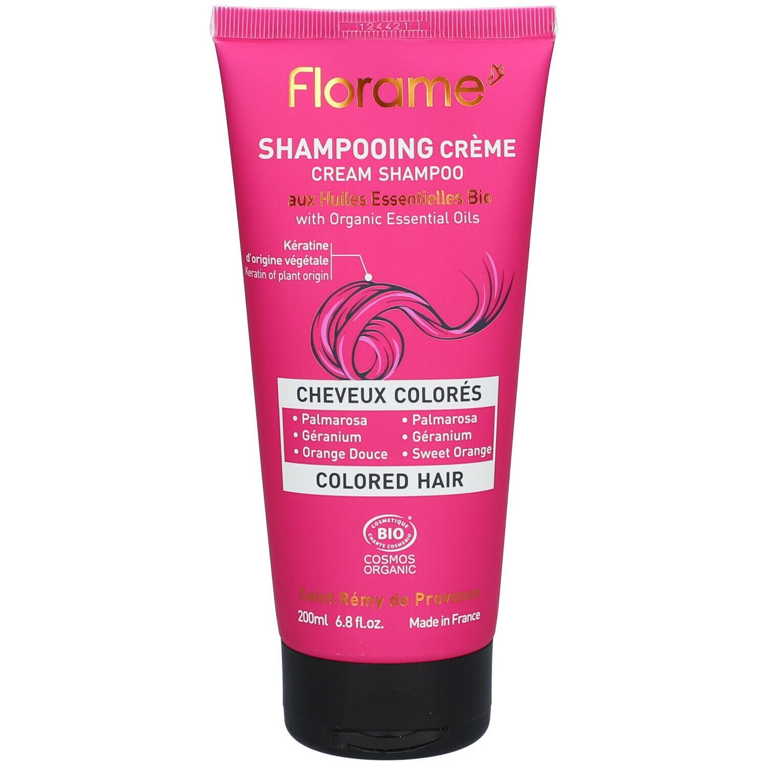 Rosa Tube mit "Florame" und "Shampooing Crème" Schriftzug. Für coloriertes Haar. Bio-Zertifizierung.