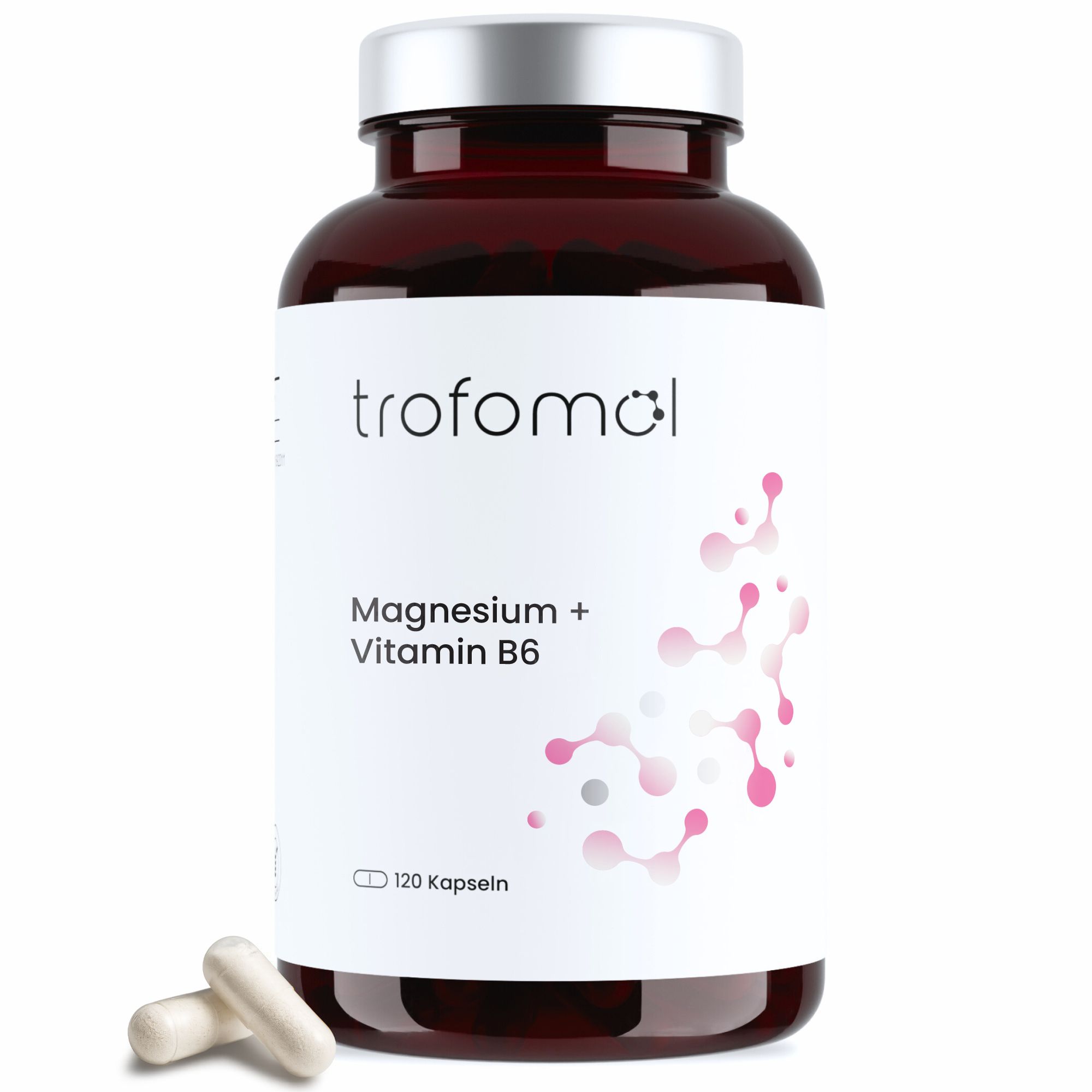 Braune Flasche mit weißen Kapseln. Aufschrift: trofomol Magnesium + Vitamin B6, 120 Kapseln. Weiße Kapseln liegen daneben.