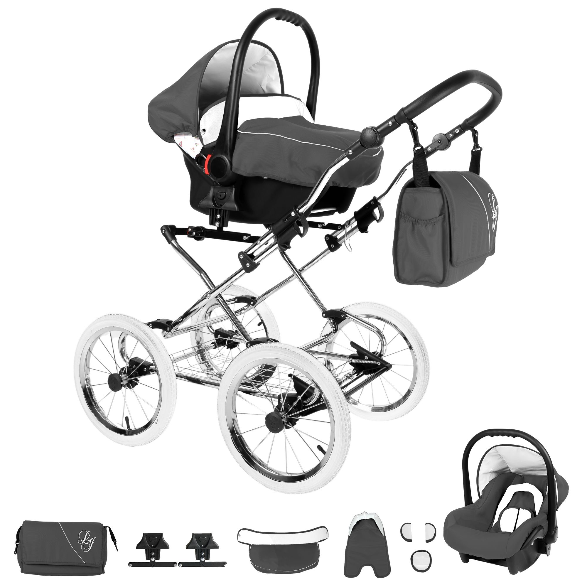 Bebebi Loving 3 in 1 Kinderwagen Set Nostalgie Kinderwagen, Grey Tender