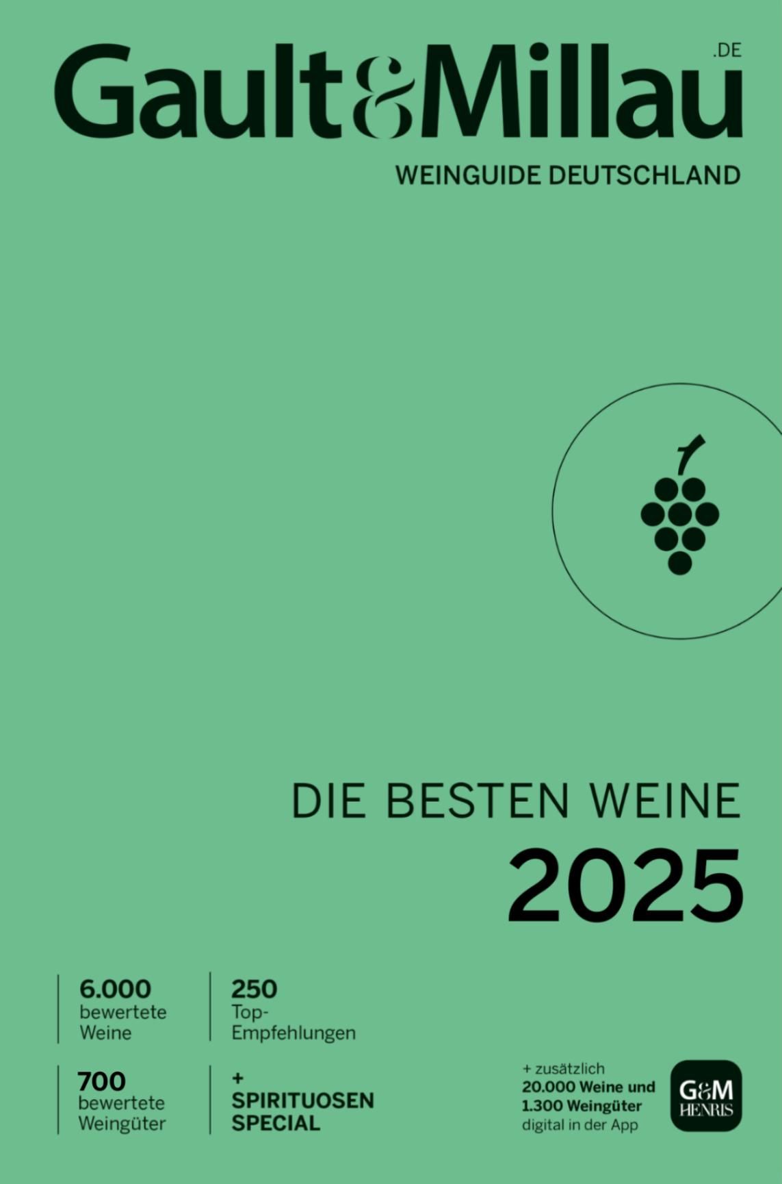 Buchcover: Gault&Millau Weinguide Deutschland 2025. Grün, mit Logo, Traube und Text. Enthält 6.000 Weine, 700 Weingüter.