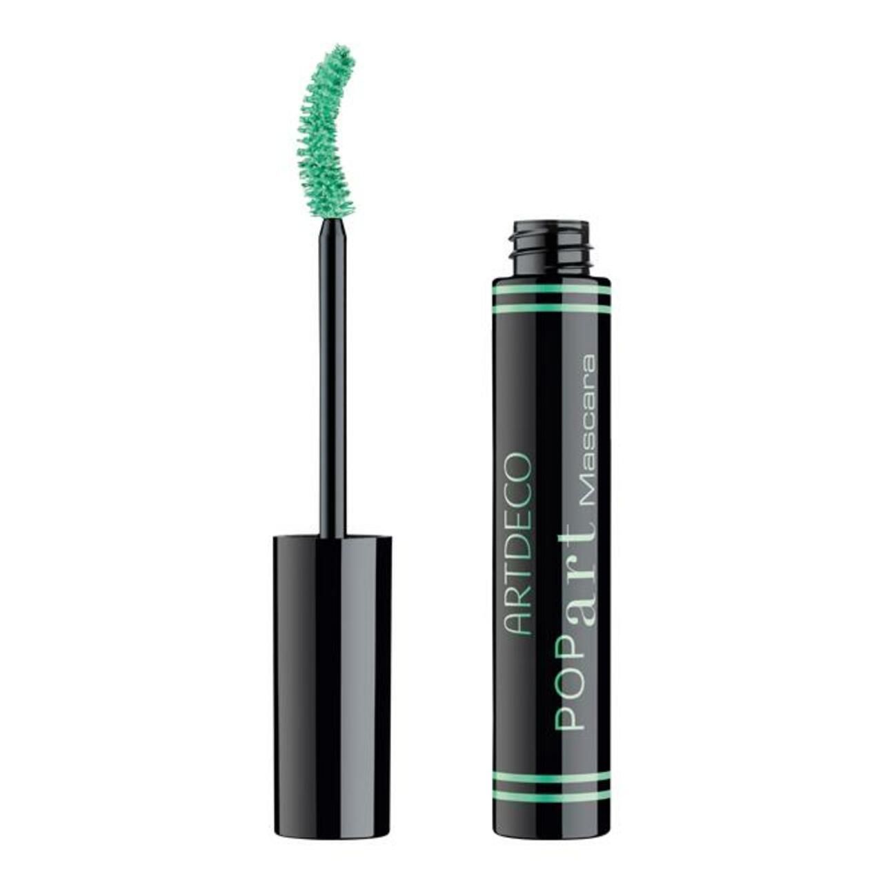 Schwarze Mascarabürste mit grüner Bürste neben schwarzer Mascarahülse. Aufschrift: Artdeco Pop Art Mascara.