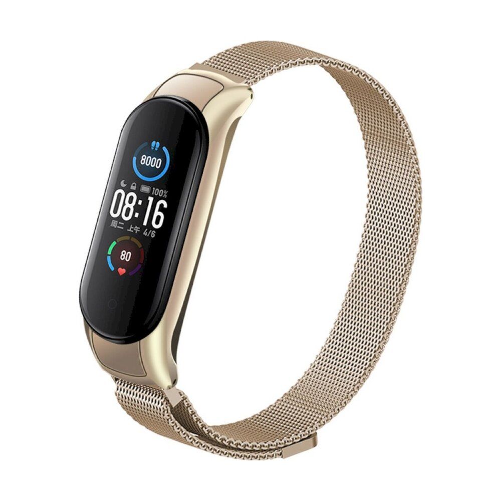 Goldfarbene Smartwatch mit schwarzem Display und Mesh-Armband. Zeigt Uhrzeit, Schritte und Herzfrequenz an.