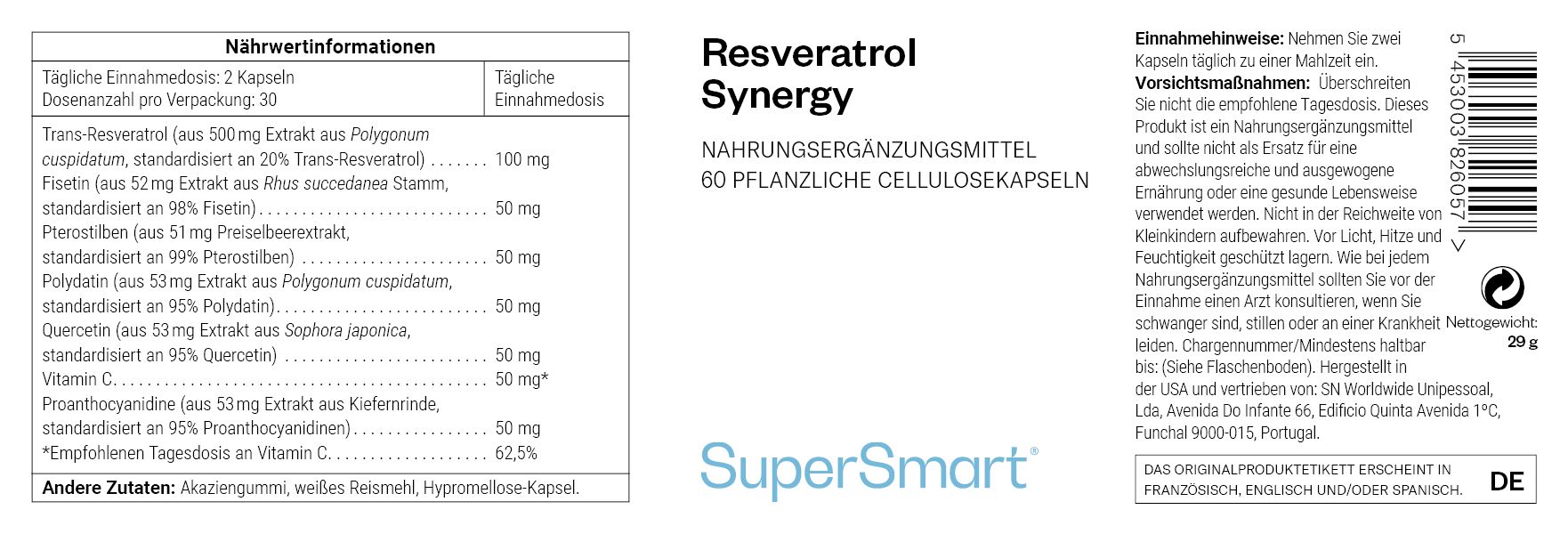Etikett mit Produktinformationen. Resveratrol-Synergie, 60 pflanzliche Zellulosekapseln. SuperSmart-Logo. Nährwertangaben.