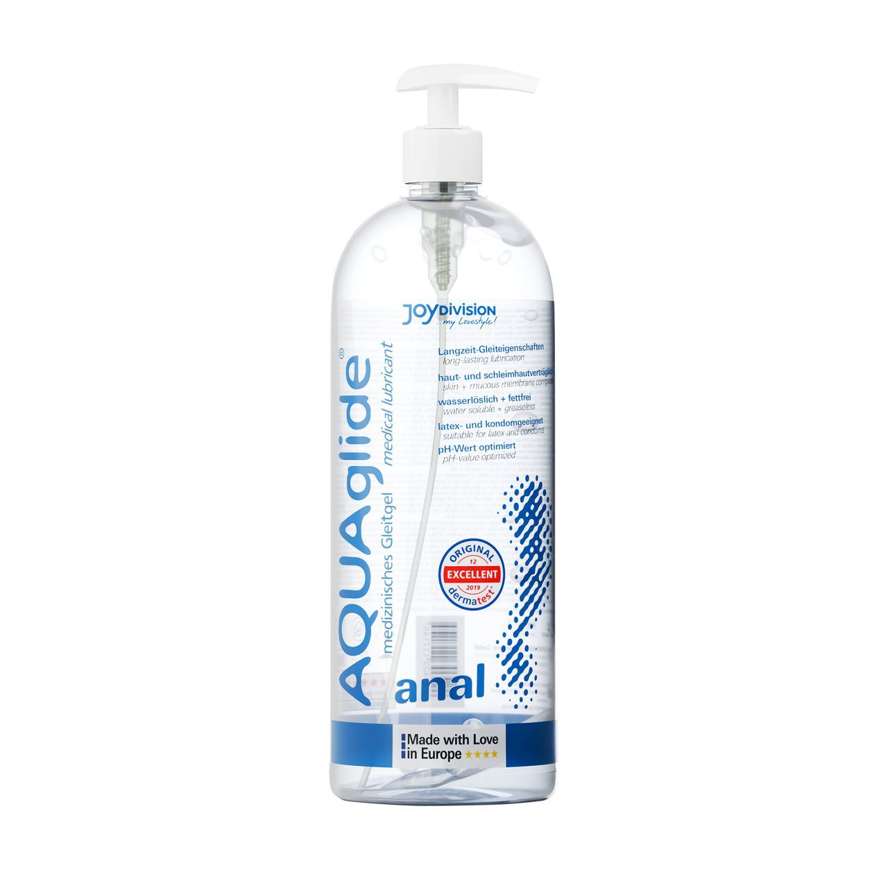 AQUAglide Anal Gleitgel Flasche mit Pumpspender, mit italienischen Texten und Icons.