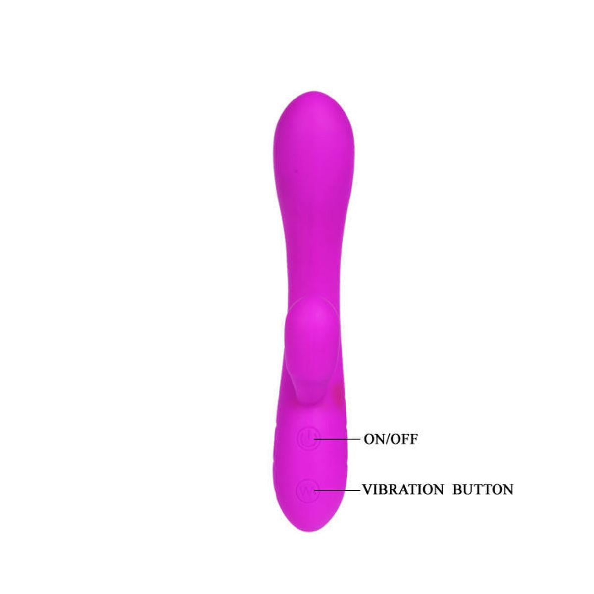 Lila Vibrator mit gebogener Form und einem zusätzlichen Vorsprung. Beschriftung: ON/OFF, Vibration Button.