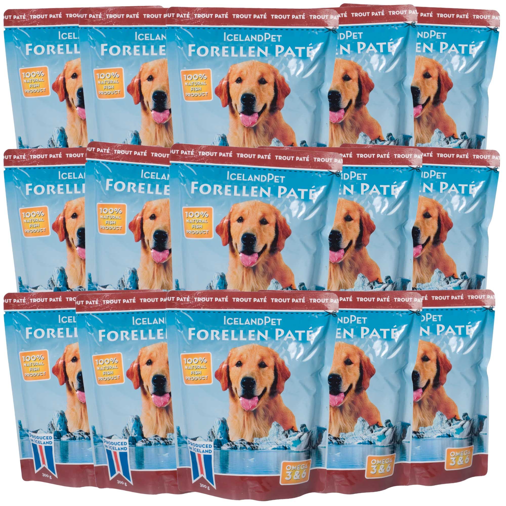 Mehrere Beutel IcelandPet Forellen Paté. Aufdruck: 100% natürliches Fischprodukt. Verpackung mit Hundefoto und Produktbezeichnung.