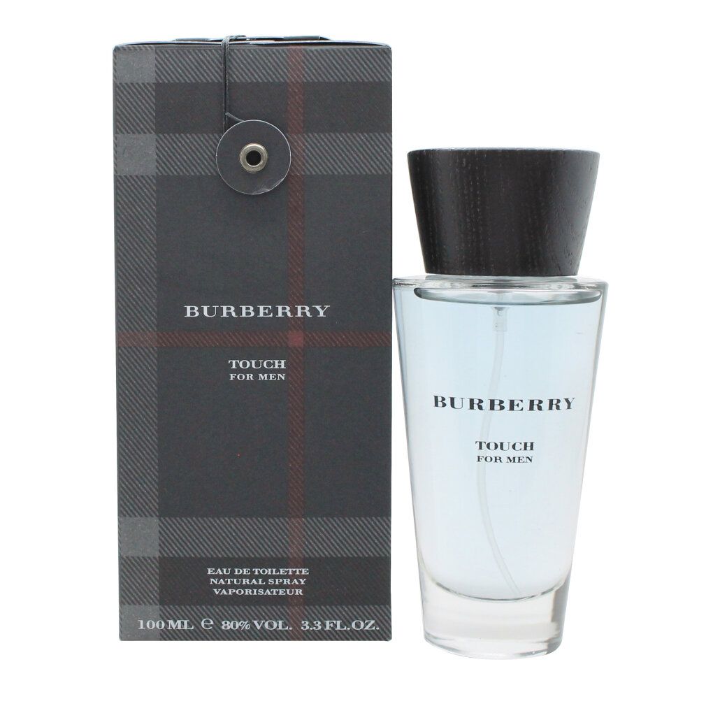 Burberry Touch for Men Flakon und Verpackung. Flakon mit schwarzem Verschluss, daneben Verpackung mit Logo.