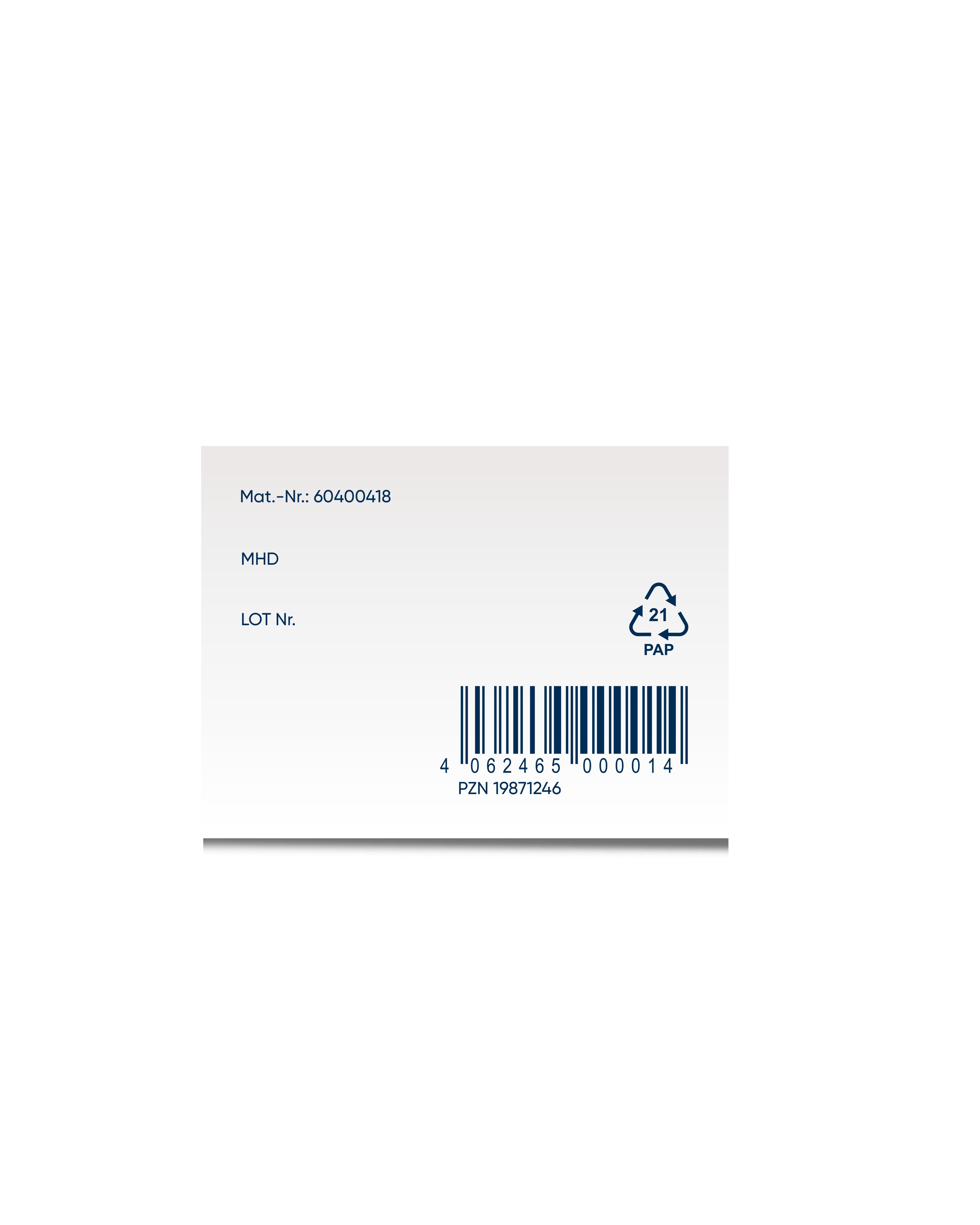 Rückseite der Produktverpackung. Enthält Barcode, MHD, LOT-Nr. und Recycling-Symbol.