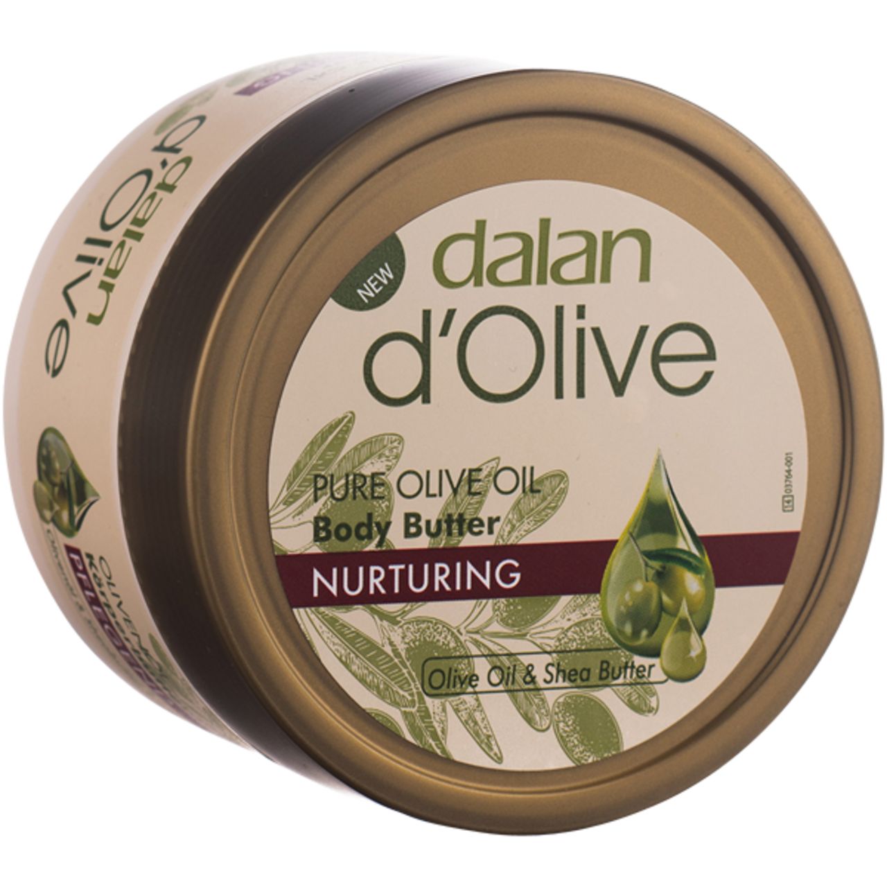 Runde Dose Dalan d'Olive Body Butter. Deckel mit Logo und Produktbezeichnung. Aufschrift: Pure Olive Oil, Nurturing. Oliven-Illustration.