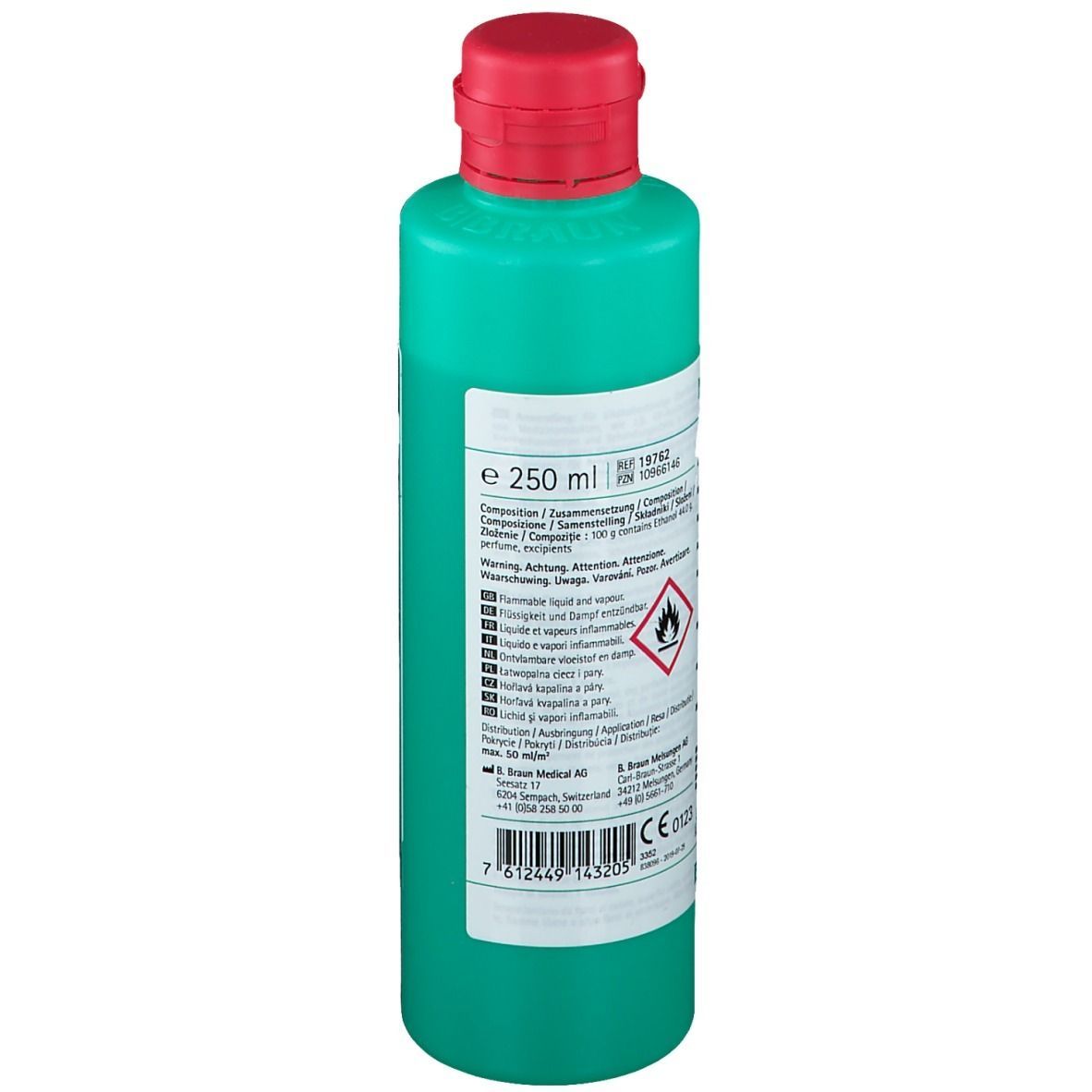 Grüne Flasche mit rotem Verschluss. Aufschrift: Meliseptol, Schnelldesinfektion. B. Braun Logo. Gefahrensymbol.