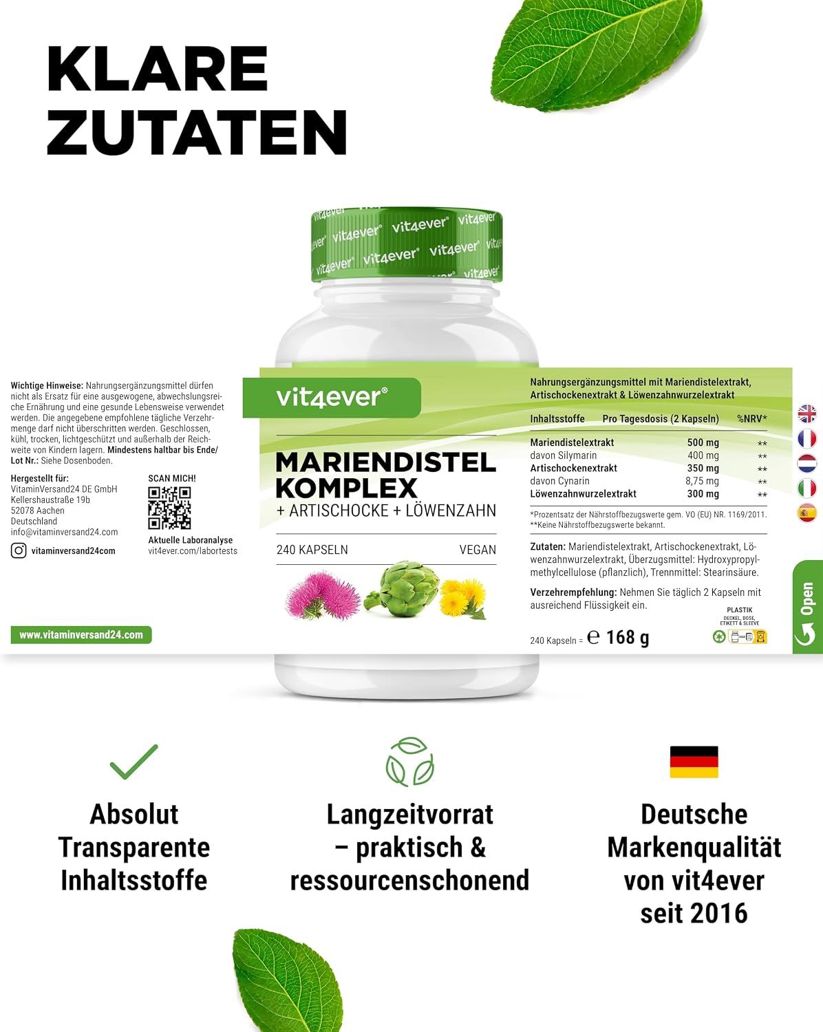 Vit4ever Mariendistel Artischocken Löwenzahn Komplex Flasche mit detaillierter Zutatenliste und Siegeln.