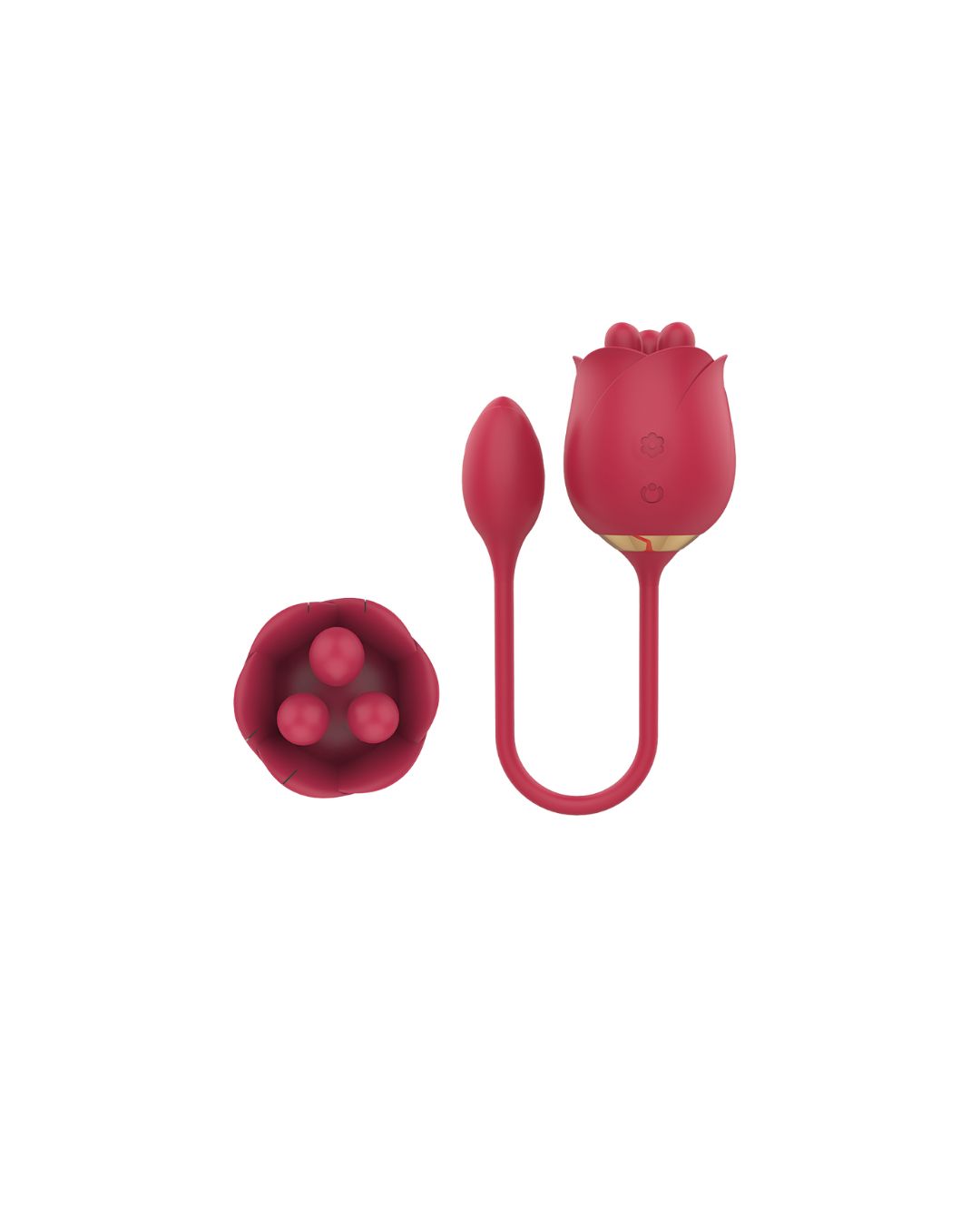 Rotes, rosenförmiges Produkt mit einem Ei und einem länglichen Teil. Drei Kugeln in einer separaten Halterung.