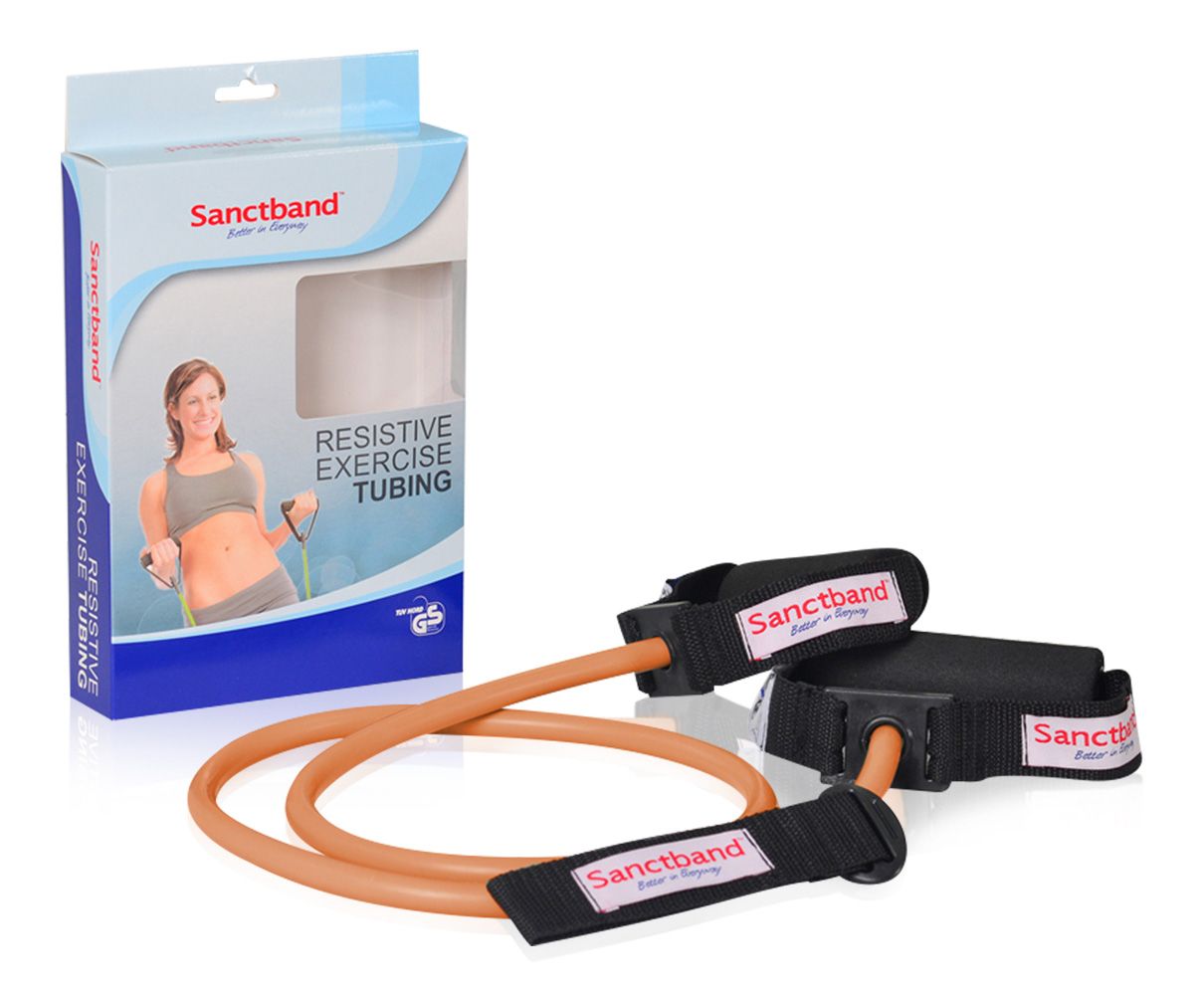 Sanctband Resistive Exercise Tubing. Orangefarbene Übungsröhre mit Griffen und Verpackung.