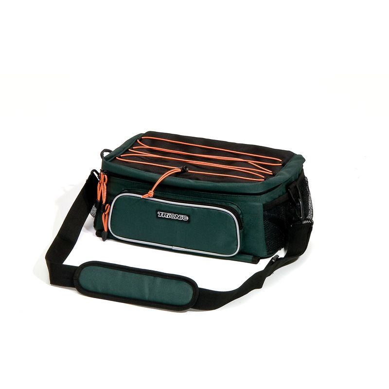 Grüne Schultertasche mit orangefarbenen Details. Schwarzer Schultergurt. Seitliche Netztasche. Logo.