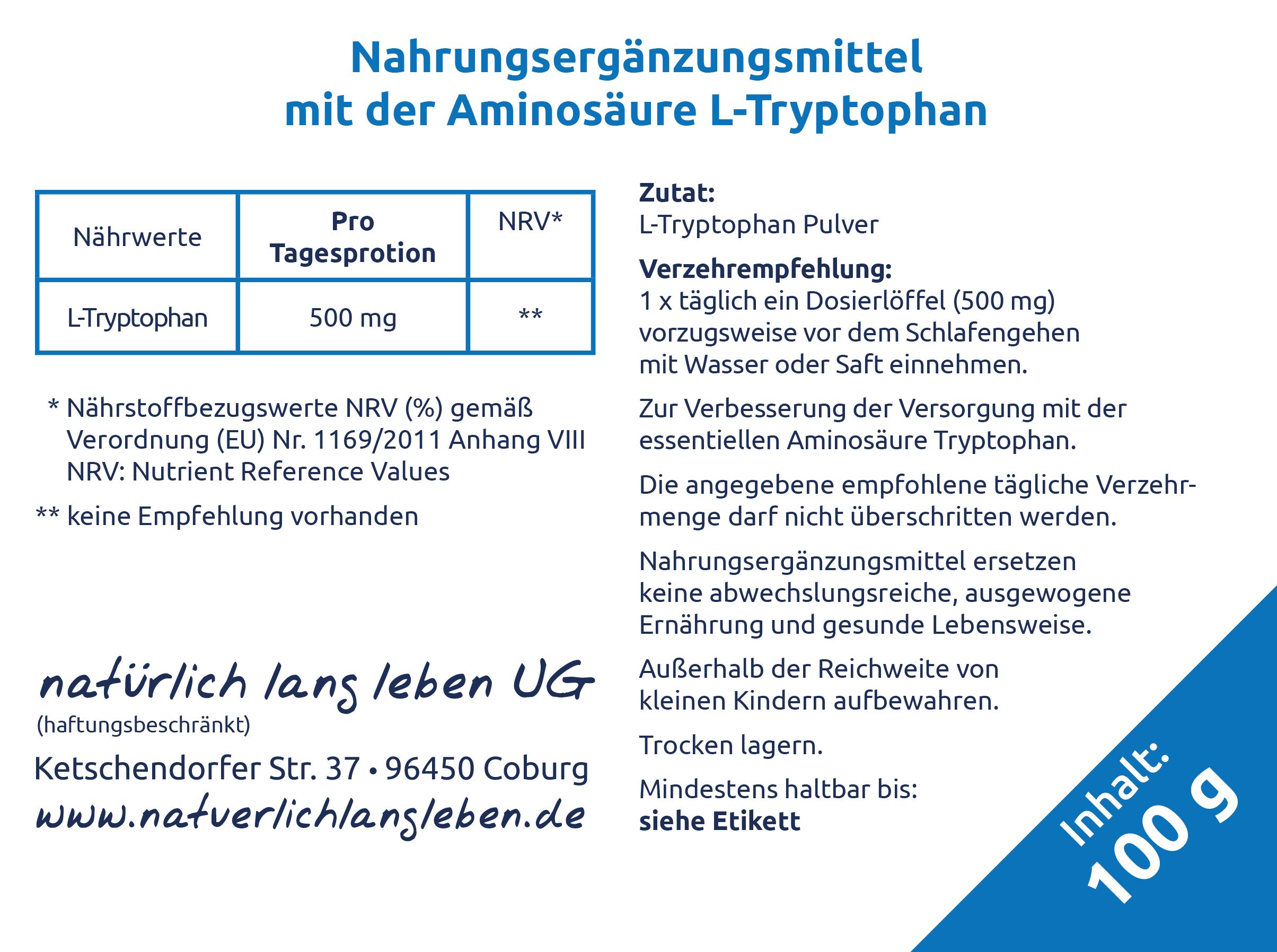 natürlich lang leben L-Tryptophan Pulver 100 g