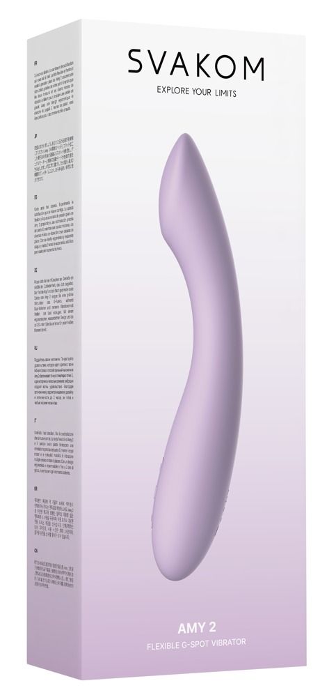 Lila Vibrator „Amy 2“ in Verpackung. Marke Svakom. Text: Flexible G-Spot Vibrator.