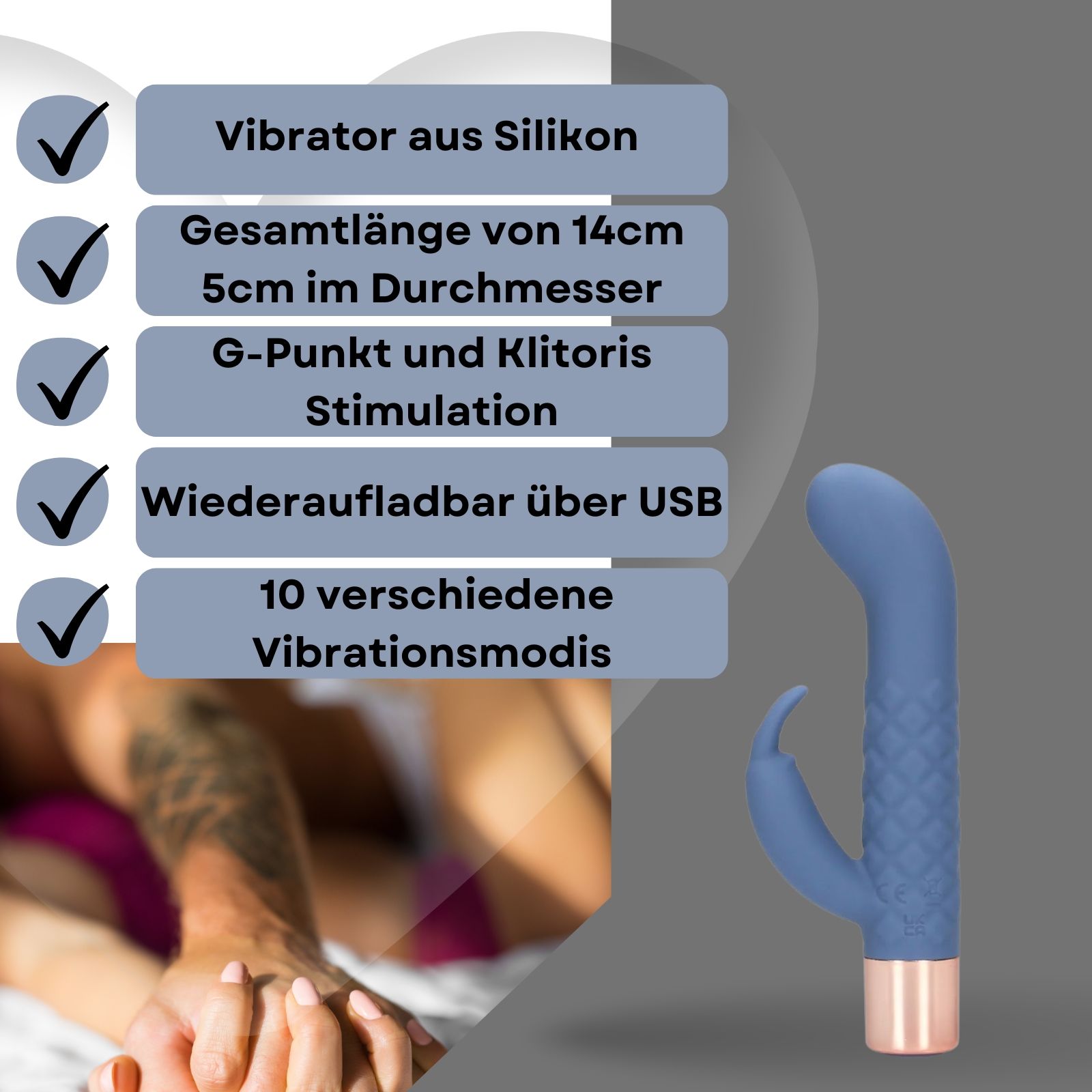 Blauer Silikon-Vibrator mit rosegoldener Basis. Text mit Produktmerkmalen.