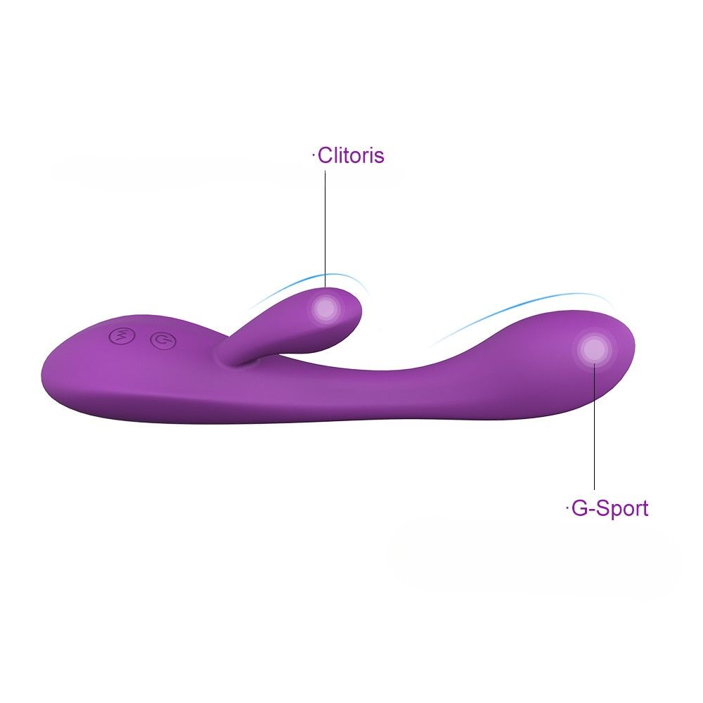 Lila Vibrator mit zwei Enden. Beschriftung: Clitoris und G-Punkt. Drei Knöpfe sind sichtbar.