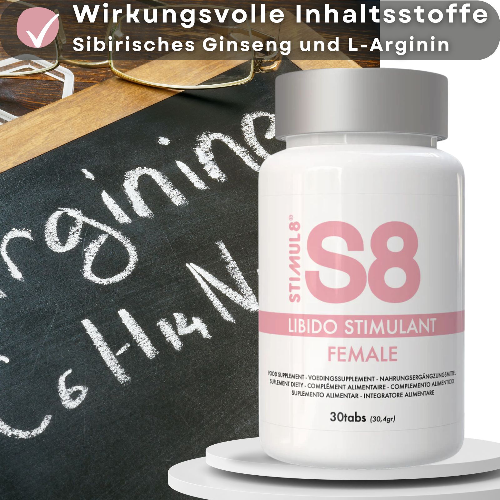 Produktflasche S8, Libido Stimulant, FEMALE. Text: Wirksame Inhaltsstoffe: Sibirischer Ginseng und L-Arginin. Tafel mit Formel.