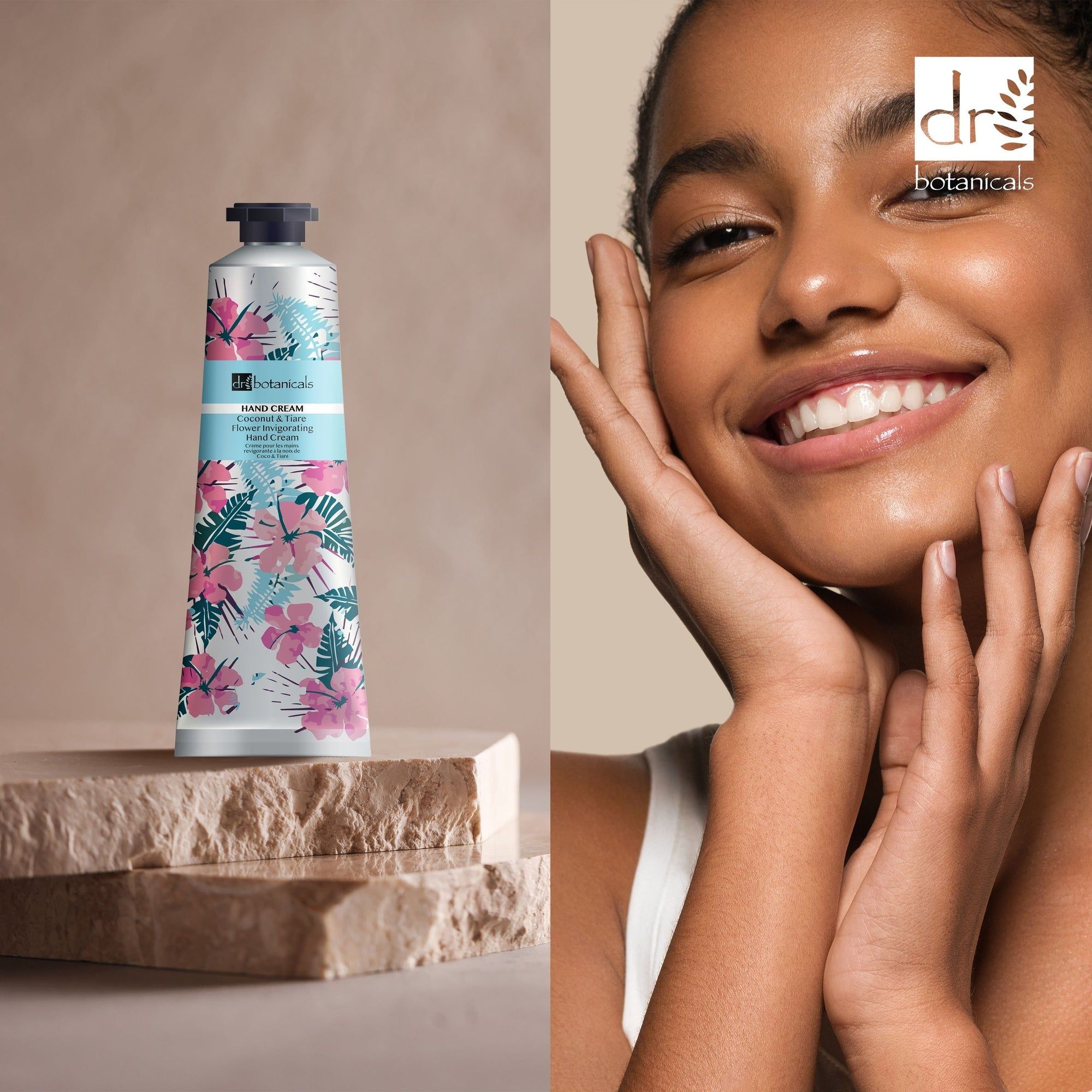 Tube auf Steinblock neben Frau. Aufschrift: Hand Cream, Coconut & Tiare Flower Invigorating Hand Cream. Frau berührt Gesicht.