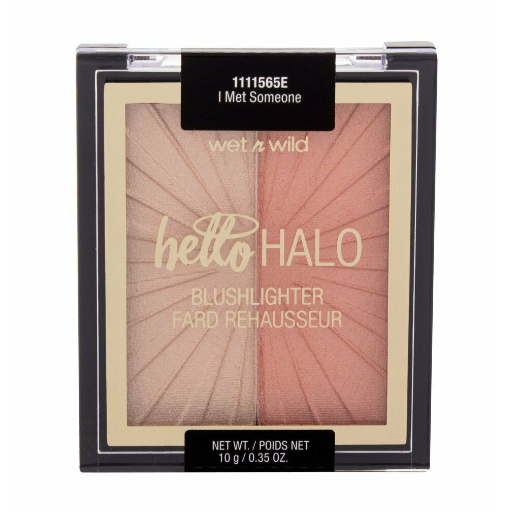 Blushlighter mit zwei Farbtönen. Marke: Wet n Wild. Text: Hello Halo, Blushlighter Fard Rehausseur. Verpackung mit Text.
