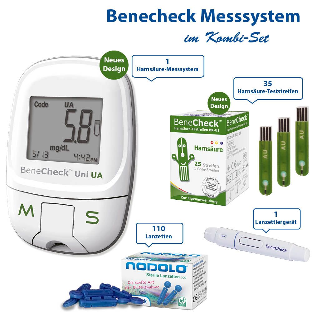 BeneCheck Harnsäure-Messgerät Premium- Kombi Set mit Teststreifen und Lanzetten