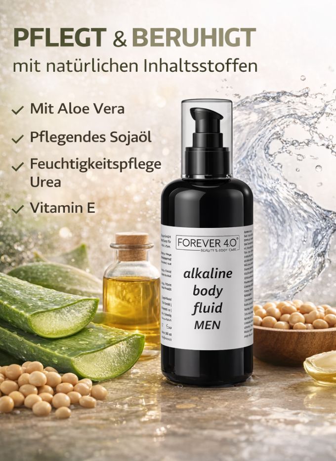 Produktflasche mit Text: FOREVER 4.0, alkaline body fluid MEN. Aloe Vera, Sojaöl, Urea, Vitamin E. Hintergrund mit Wasser.
