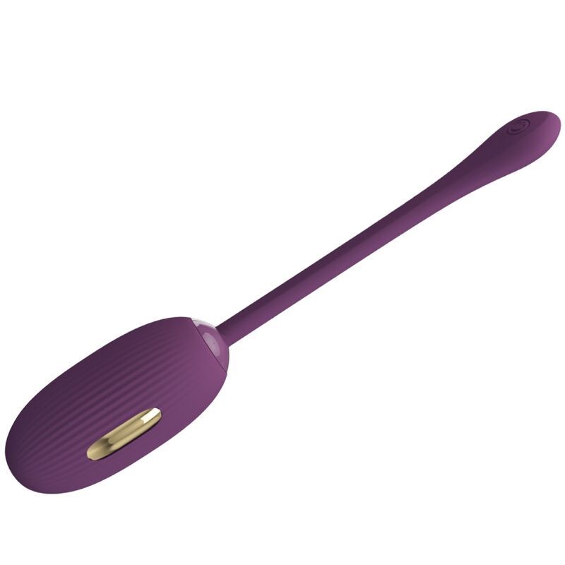 Lila Vibrations-Ei mit geriffelter Oberfläche und Stiel. Goldfarbene Akzente. Ergonomisches Design.