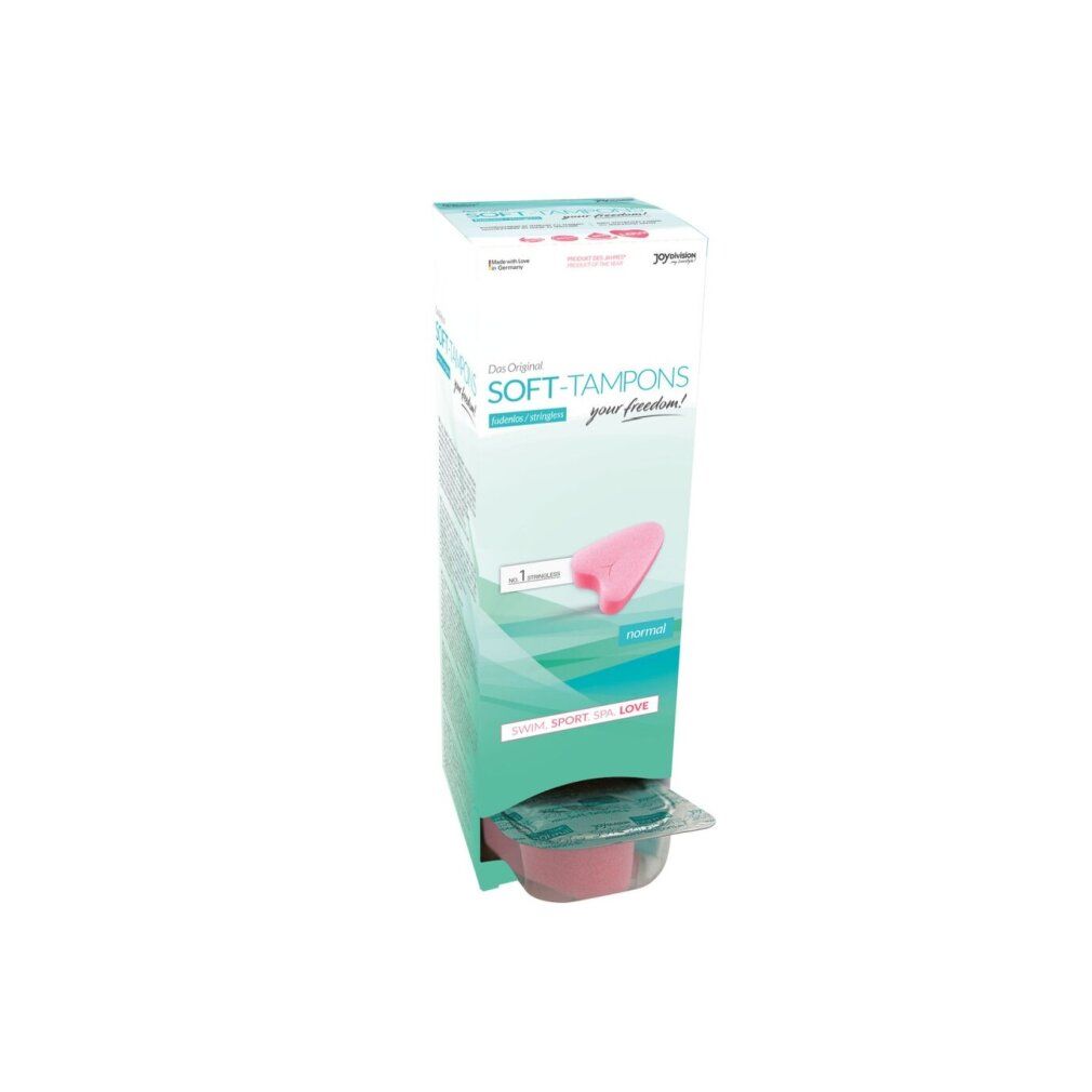 Verpackung von Soft-Tampons. Rosa Tampon in der Verpackung sichtbar. Text: normal.