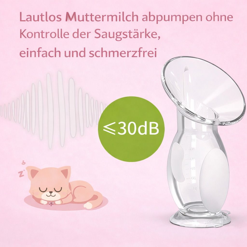 Milchpumpe mit Text und Symbol. Lautloses Abpumpen, <30dB, Katze schläft. Einfach und schmerzfrei.