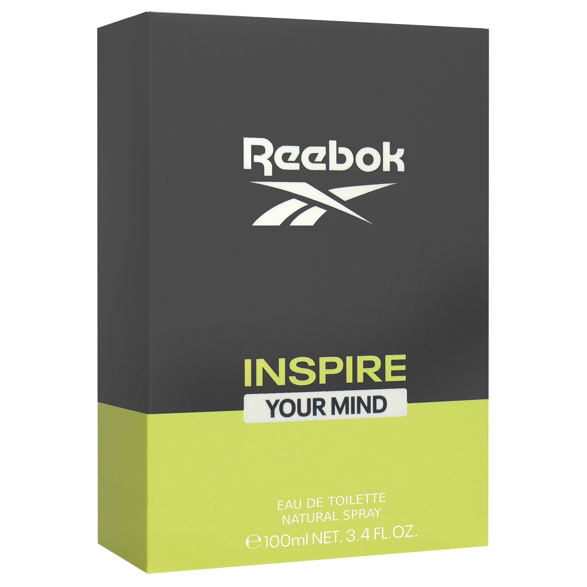 Schwarze Schachtel mit grüner Unterseite. Aufschrift Reebok, Inspire Your Mind. Text: Eau de Toilette, Natural Spray.
