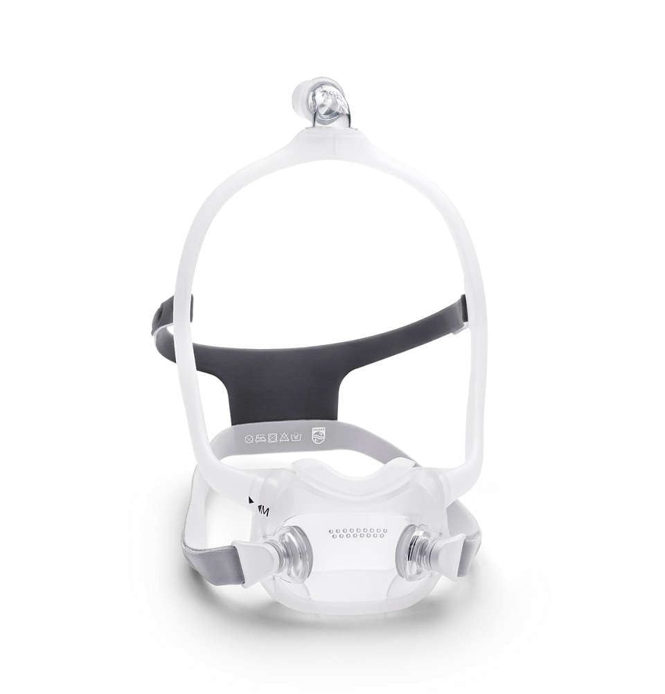 Weiße Philips CPAP DreamWear Vollgesichtsmaske mit grauem Kopfteil und transparentem Schlauchanschluss.