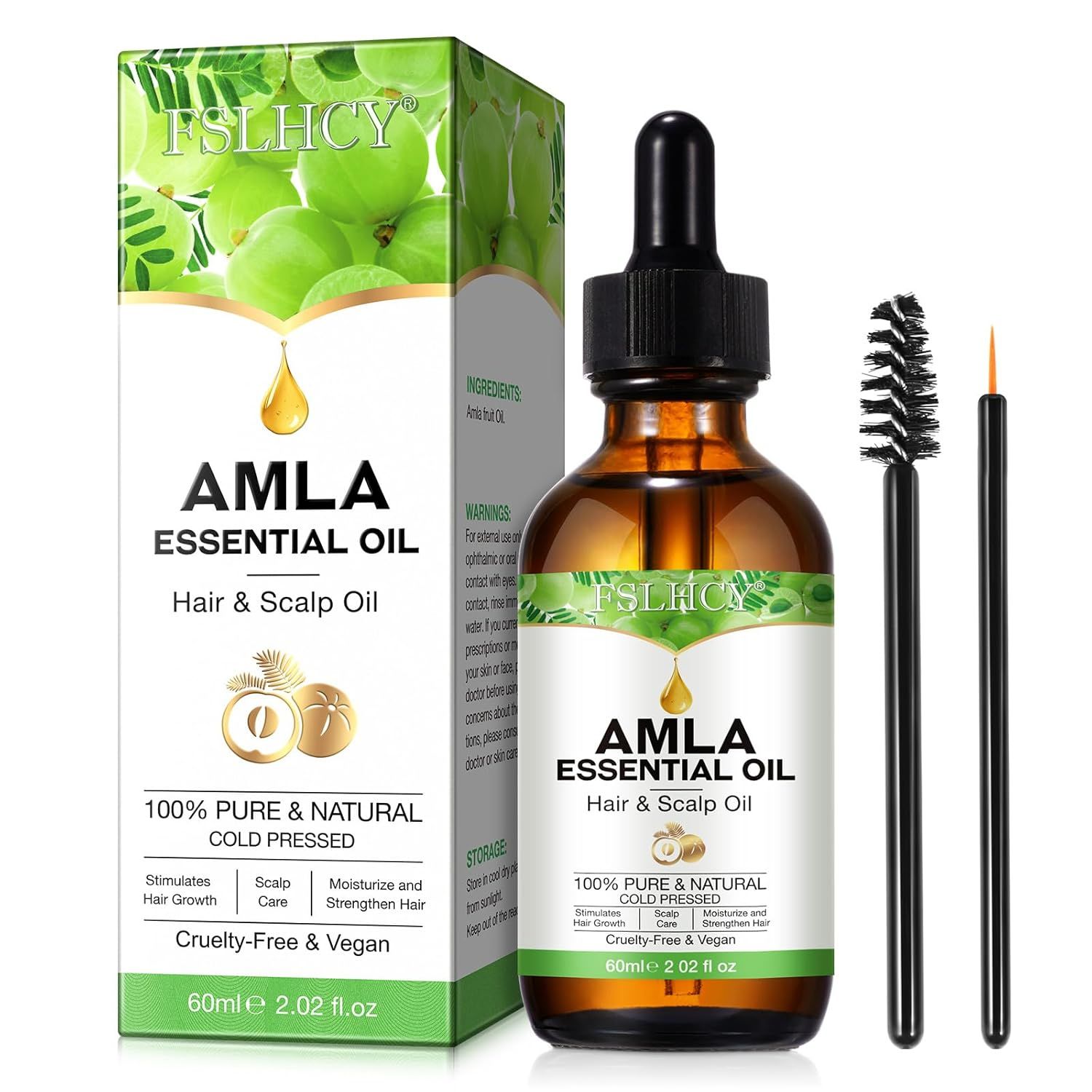 Braune Glasflasche mit Tropfer und zwei Applikatoren. Aufschrift: Amla Essential Oil, Hair & Scalp Oil. Verpackung mit Amla-Früchten.
