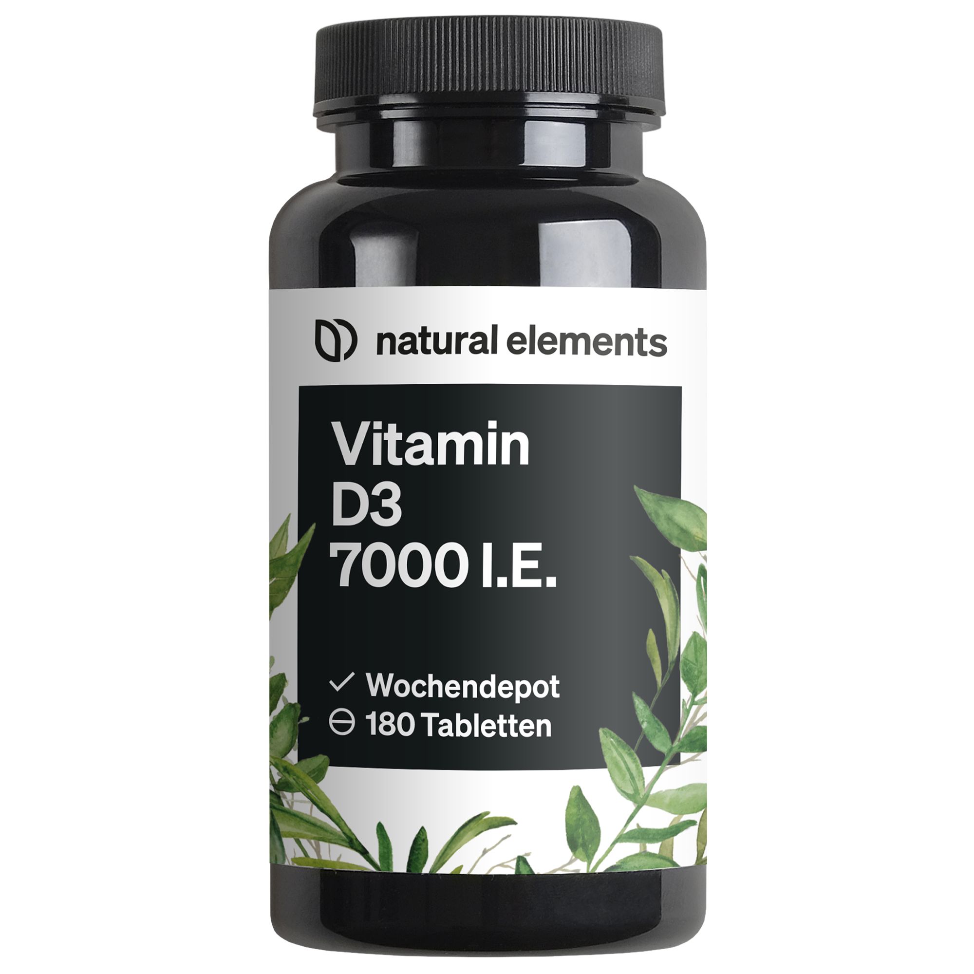 Schwarze Flasche mit weißem Etikett. Enthält natural elements Vitamin D3 7000 I.E. 180 Tabletten. Wochen-Depot.