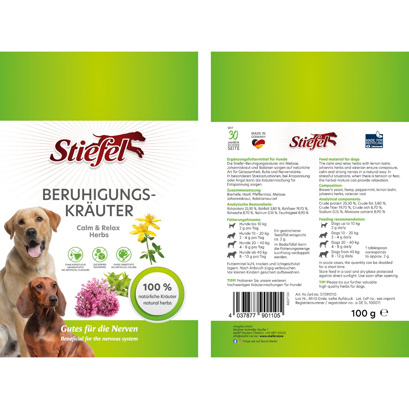 Verpackung mit Stiefel Beruhigungskräuter. Hundeabbildungen, Kräuterillustrationen, Text. 100g Packung.