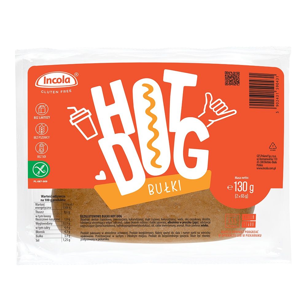 Verpackung mit glutenfreien Hotdog-Brötchen. Orangefarbener Hintergrund mit weißem Text und Logo. Incola-Logo oben links.