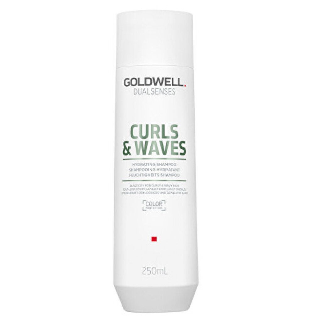 Goldwell Dualsenses Curls & Waves Shampoo. Weiße Flasche mit grünem Text. Enthält 250ml. Color-Schutz-Logo.