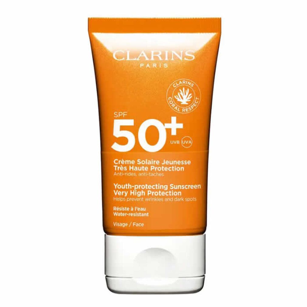 Orange Tube mit weißem Deckel. Text: Clarins Paris, SPF 50+, Crème Solaire Jeunesse, Très Haute Protection, Wasserfest.